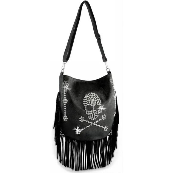 Skull Design Fringed Rhinestone Shoulder Bag - Picture 1 of 6